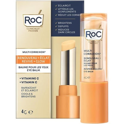 RoC Multi Correxion Revive + Glow Eye Balm Vitamin C Peptide Formula Dark Circle Puffiness Reduction Touchless Application Eye Cream Hypoallergenic 4g